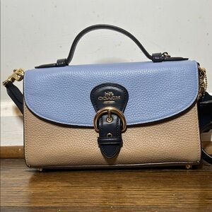 Coach Kleo Top Handle Leather Satchel in Colorblock Tan and Blue